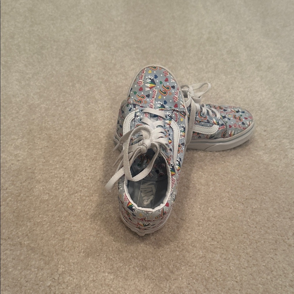 Off the wall vans old school light blue with rainbow color designs size 1.5 .